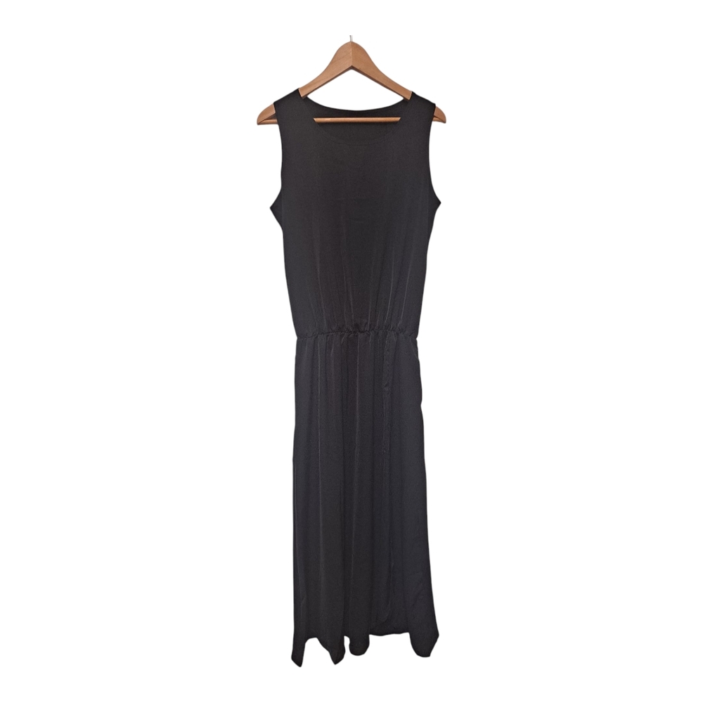 Black Sleeveless Maxi Sundress Crew Neck Casual Elastic Waistband With Pockets